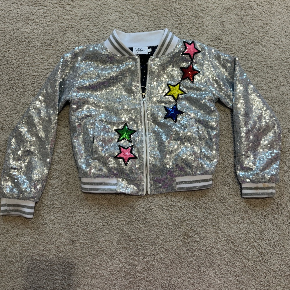 Lola + The Boys Silver Sequin & Colorful Patch Unicorn and Star Jacket